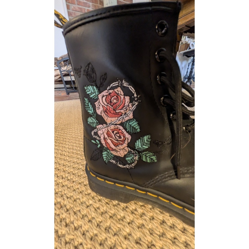 Dr. Martens Black Leather Lace-Up Boots with Pink Rose Embroidery